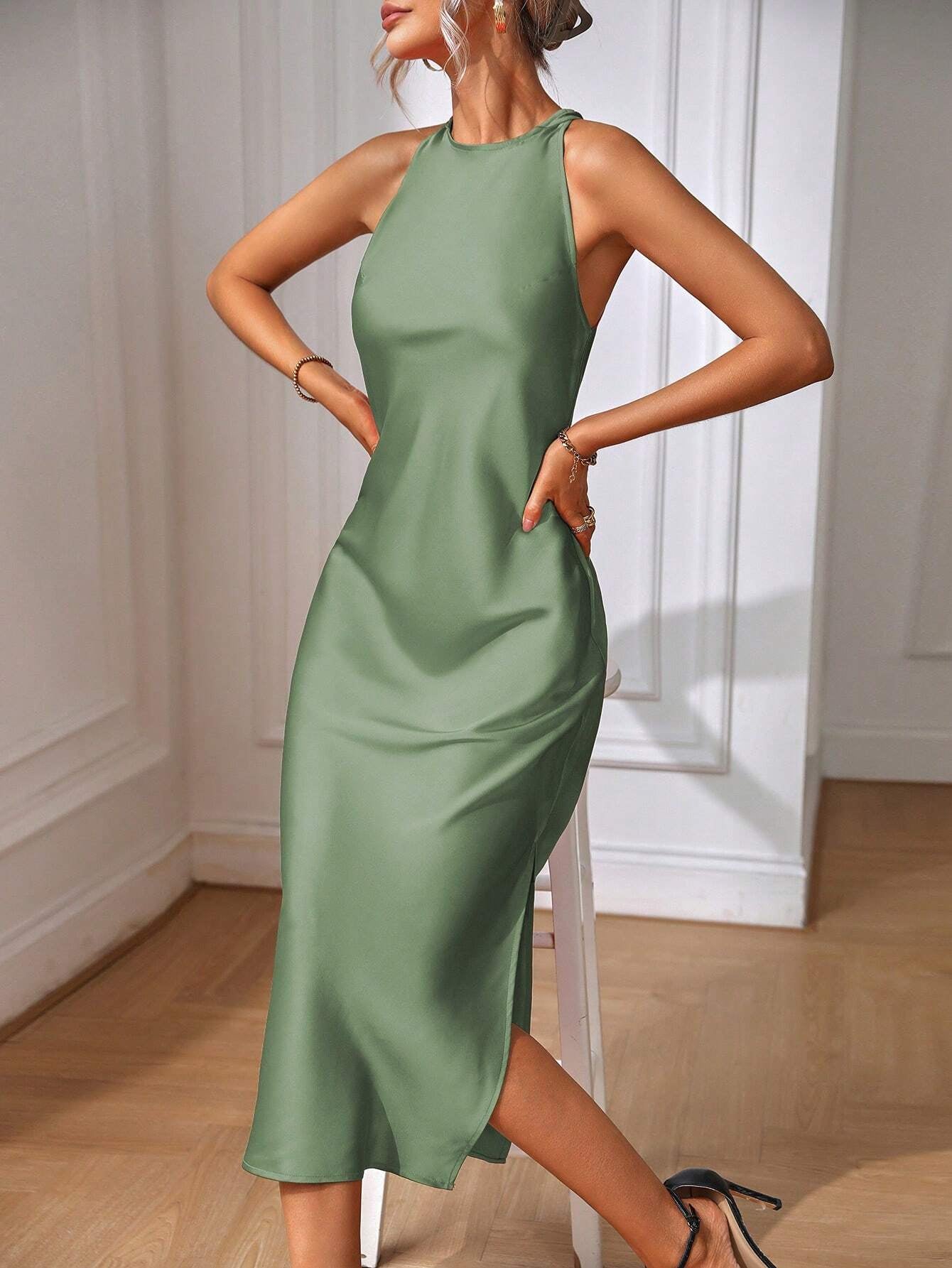 EMERY ROSE Solid Split Thigh Dress Maxi Women Outfit Sage Green Dress Elegantsilk Dress Formal