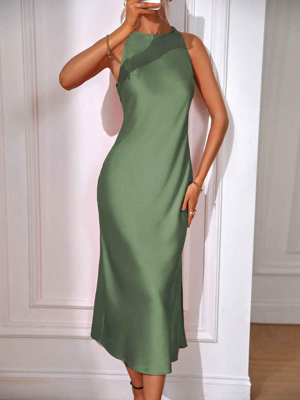 EMERY ROSE Solid Split Thigh Dress Maxi Women Outfit Sage Green Dress Elegantsilk Dress Formal